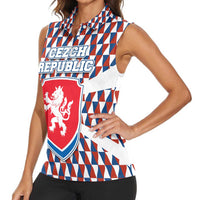 Czech Republic Women Sleeveless Polo Shirt with Red Blue Geometric Design and National Lion Shield - Wonder Print Shop