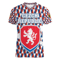 Czech Republic Women V-Neck T-Shirt with Red Blue Geometric Design and National Lion Shield - Wonder Print Shop