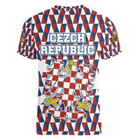 Czech Republic Women V-Neck T-Shirt with Red Blue Geometric Design and National Lion Shield - Wonder Print Shop