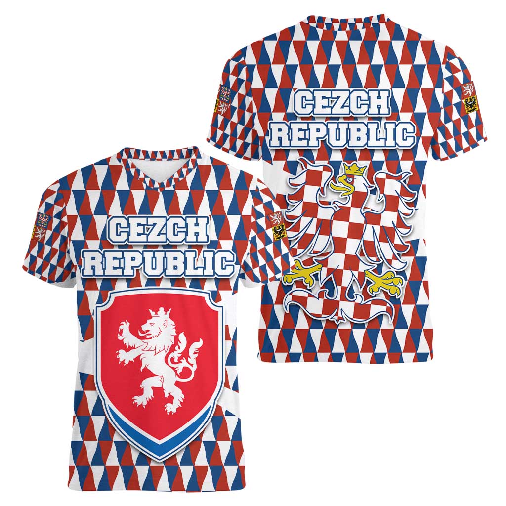 Czech Republic Women V-Neck T-Shirt with Red Blue Geometric Design and National Lion Shield - Wonder Print Shop