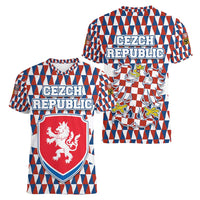 Czech Republic Women V-Neck T-Shirt with Red Blue Geometric Design and National Lion Shield - Wonder Print Shop
