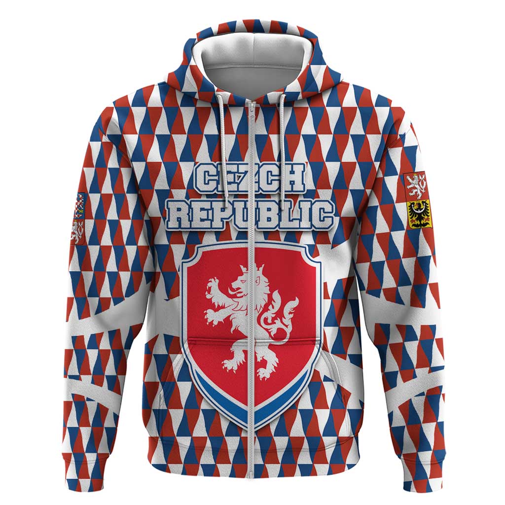Czech Republic Zip Hoodie with Red Blue Geometric Design and National Lion Shield - Wonder Print Shop