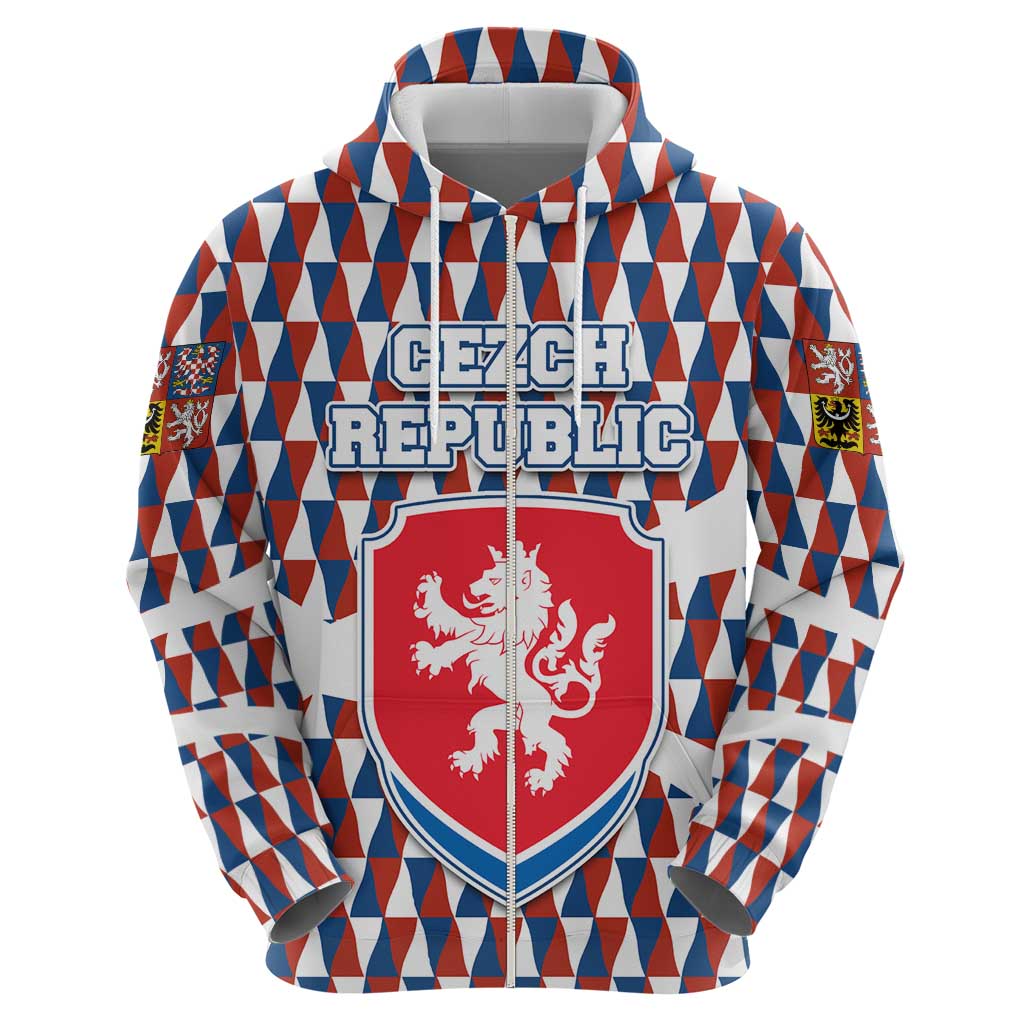 Czech Republic Zip Hoodie with Red Blue Geometric Design and National Lion Shield - Wonder Print Shop