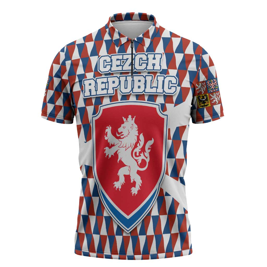 Czech Republic Zipper Polo Shirt with Red Blue Geometric Design and National Lion Shield - Wonder Print Shop