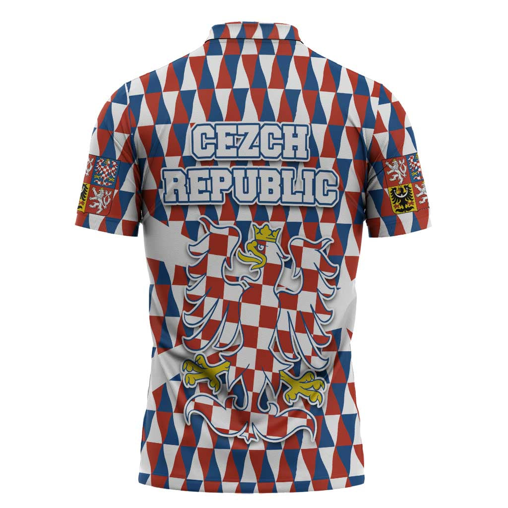 Czech Republic Zipper Polo Shirt with Red Blue Geometric Design and National Lion Shield - Wonder Print Shop