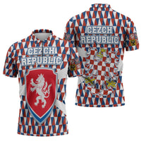 Czech Republic Zipper Polo Shirt with Red Blue Geometric Design and National Lion Shield - Wonder Print Shop