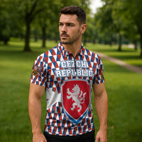 Czech Republic Zipper Polo Shirt with Red Blue Geometric Design and National Lion Shield - Wonder Print Shop