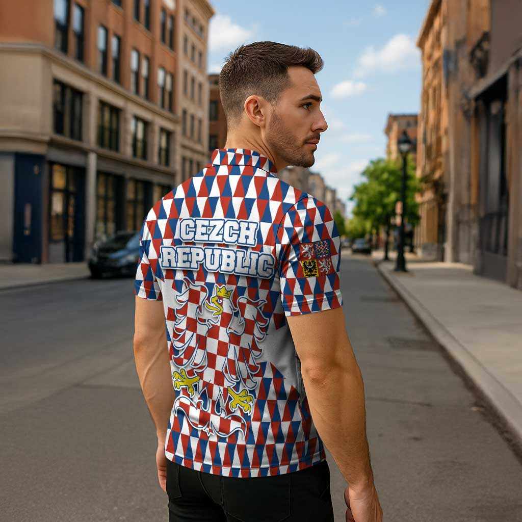 Czech Republic Zipper Polo Shirt with Red Blue Geometric Design and National Lion Shield - Wonder Print Shop