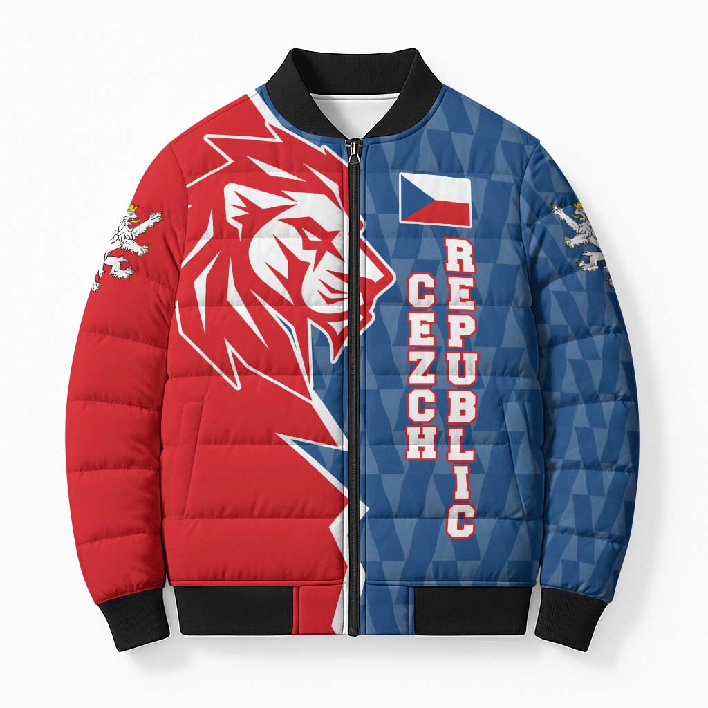 Czech Republic Bomber Puffer Jacket with Red Blue Modern Lion Design and Geometric Flag - Wonder Print Shop