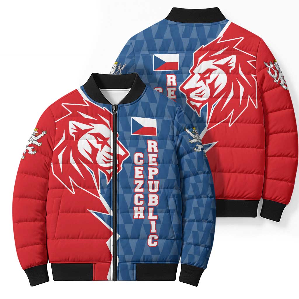 Czech Republic Bomber Puffer Jacket with Red Blue Modern Lion Design and Geometric Flag - Wonder Print Shop