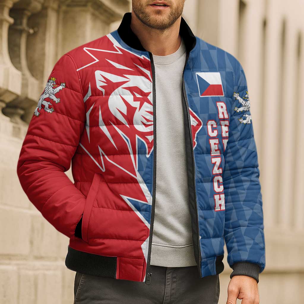 Czech Republic Bomber Puffer Jacket with Red Blue Modern Lion Design and Geometric Flag - Wonder Print Shop