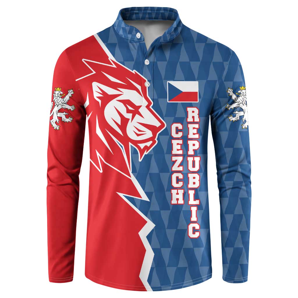 Czech Republic Button Sweatshirt with Red Blue Modern Lion Design and Geometric Flag - Wonder Print Shop