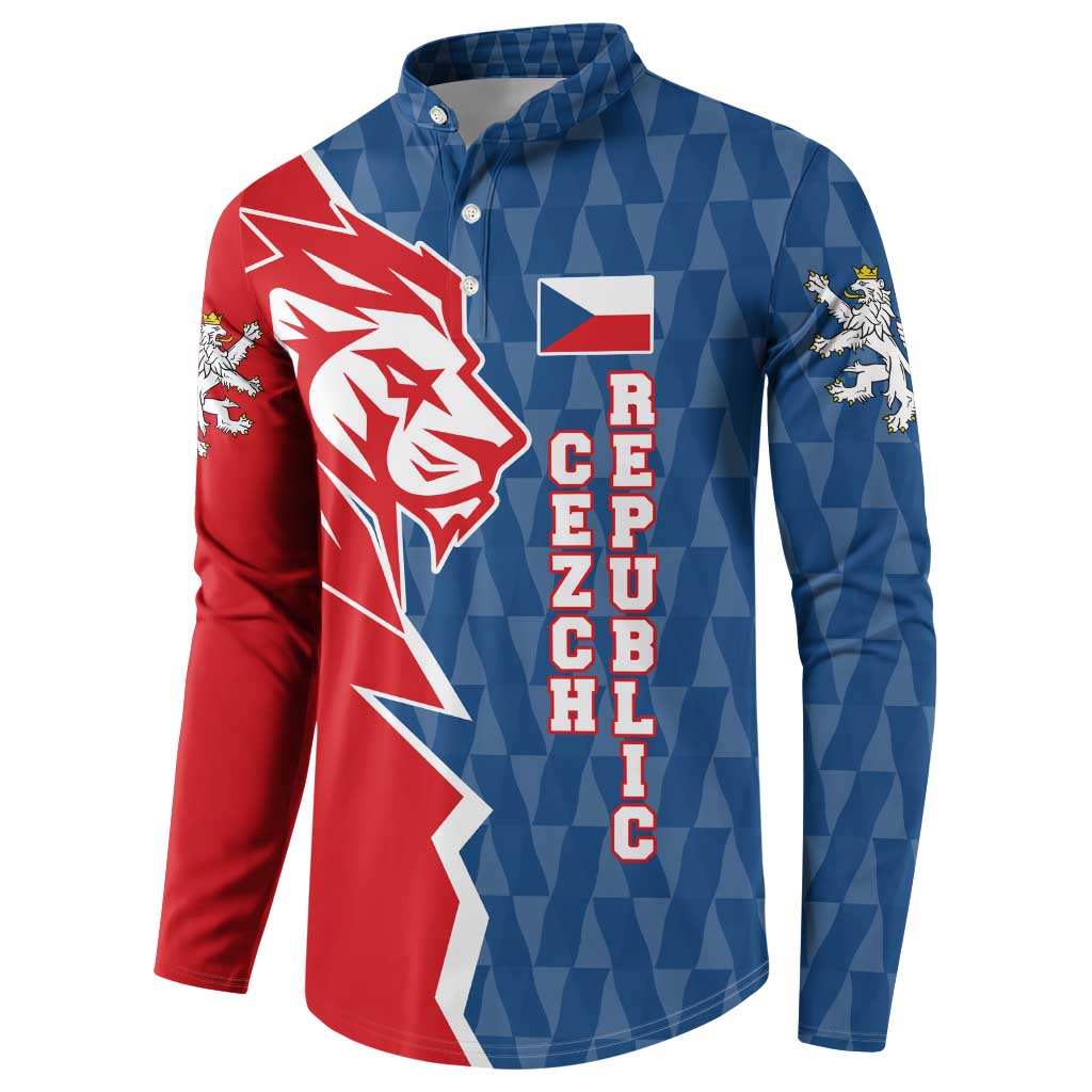 Czech Republic Button Sweatshirt with Red Blue Modern Lion Design and Geometric Flag - Wonder Print Shop