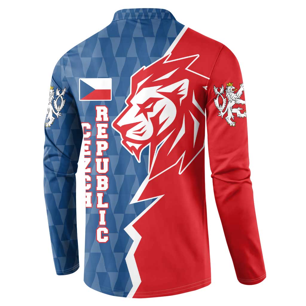 Czech Republic Button Sweatshirt with Red Blue Modern Lion Design and Geometric Flag - Wonder Print Shop