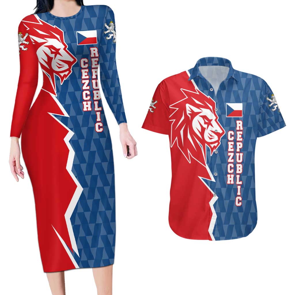 Czech Republic Couples Matching Long Sleeve Bodycon Dress and Hawaiian Shirt with Red Blue Modern Lion Design and Geometric Flag - Wonder Print Shop