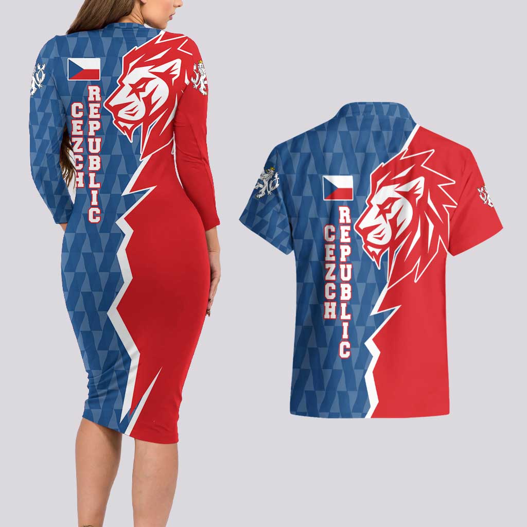 Czech Republic Couples Matching Long Sleeve Bodycon Dress and Hawaiian Shirt with Red Blue Modern Lion Design and Geometric Flag - Wonder Print Shop