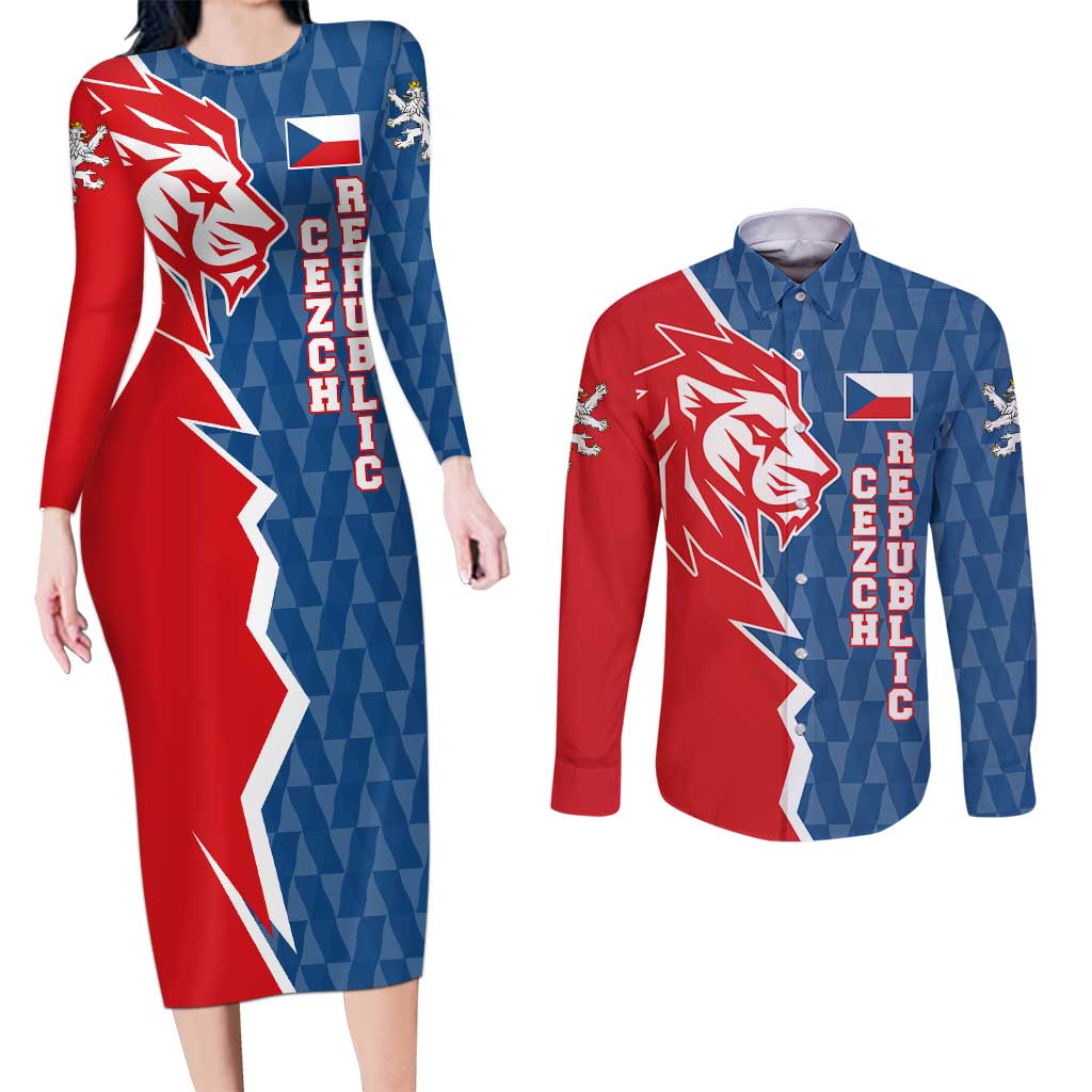 Czech Republic Couples Matching Long Sleeve Bodycon Dress and Long Sleeve Button Shirt with Red Blue Modern Lion Design and Geometric Flag - Wonder Print Shop