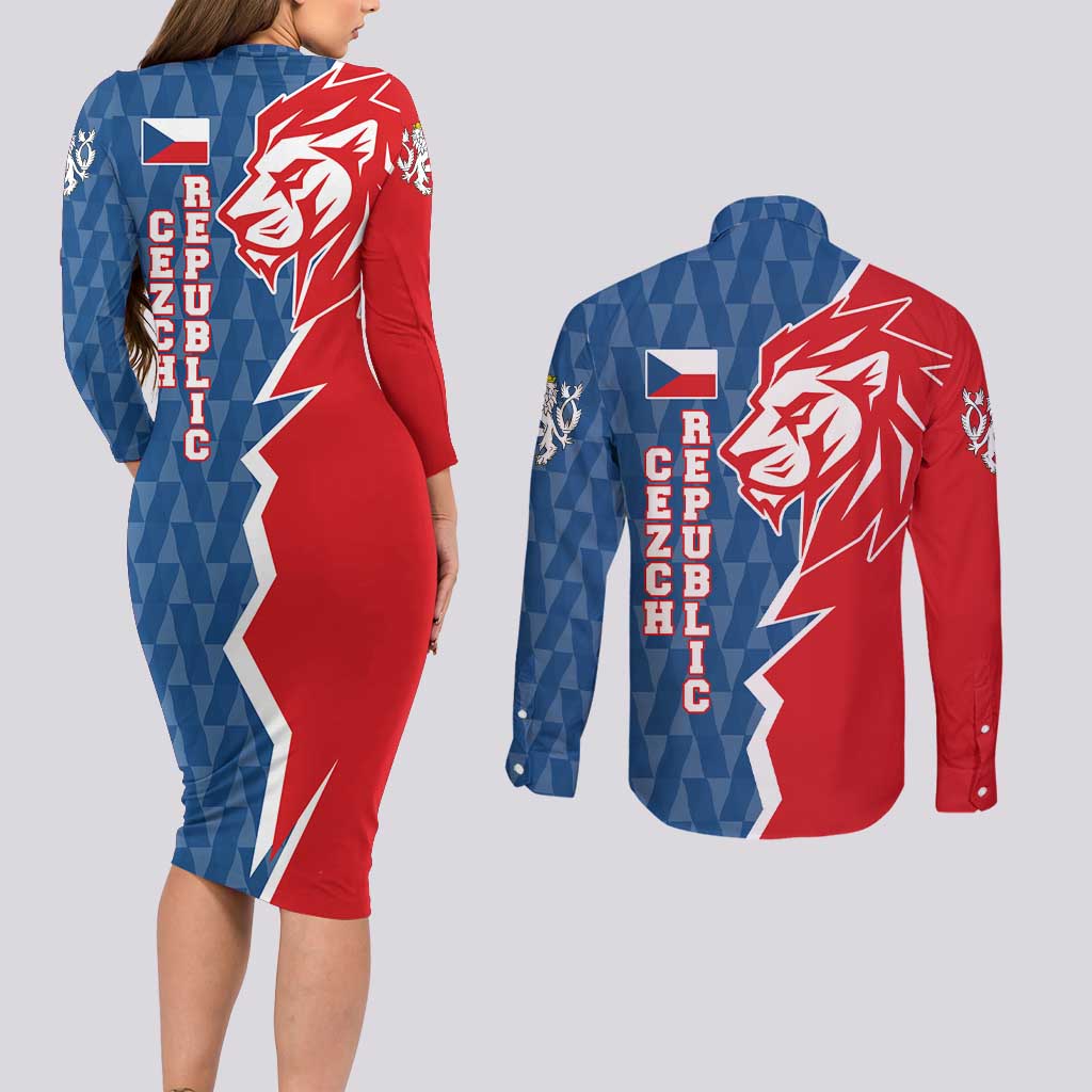 Czech Republic Couples Matching Long Sleeve Bodycon Dress and Long Sleeve Button Shirt with Red Blue Modern Lion Design and Geometric Flag - Wonder Print Shop
