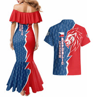 Czech Republic Couples Matching Mermaid Dress and Hawaiian Shirt with Red Blue Modern Lion Design and Geometric Flag - Wonder Print Shop