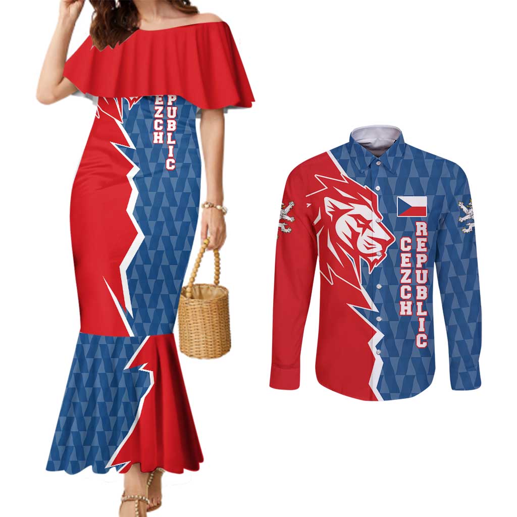 Czech Republic Couples Matching Mermaid Dress and Long Sleeve Button Shirt with Red Blue Modern Lion Design and Geometric Flag - Wonder Print Shop