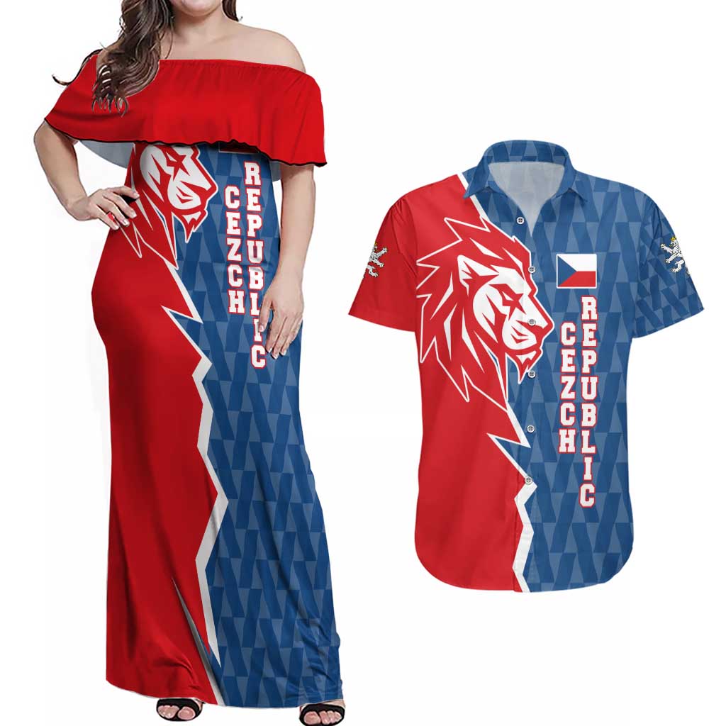 Czech Republic Couples Matching Off Shoulder Maxi Dress and Hawaiian Shirt with Red Blue Modern Lion Design and Geometric Flag - Wonder Print Shop