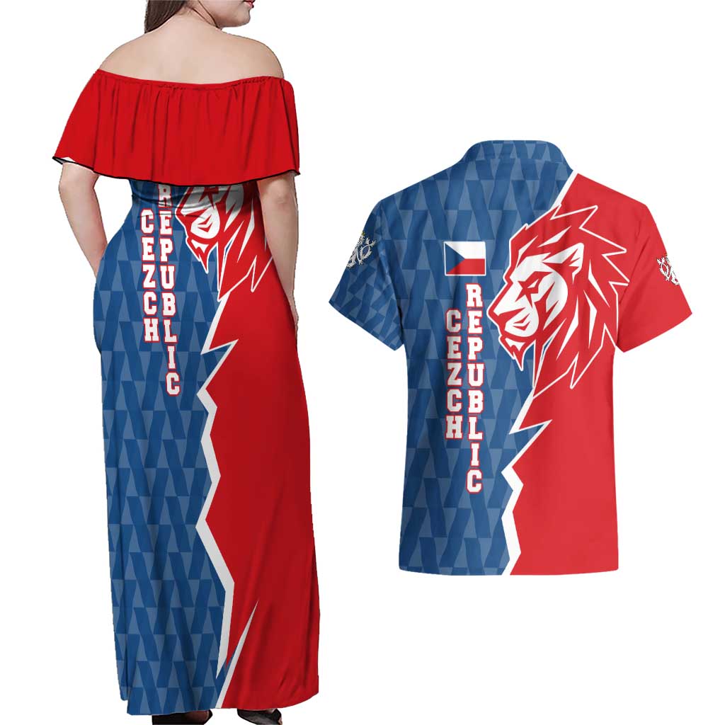 Czech Republic Couples Matching Off Shoulder Maxi Dress and Hawaiian Shirt with Red Blue Modern Lion Design and Geometric Flag - Wonder Print Shop