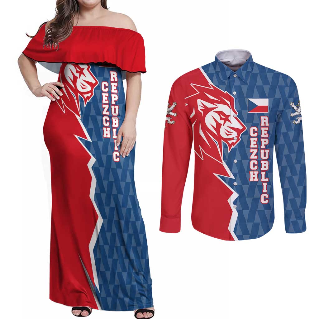 Czech Republic Couples Matching Off Shoulder Maxi Dress and Long Sleeve Button Shirt with Red Blue Modern Lion Design and Geometric Flag - Wonder Print Shop