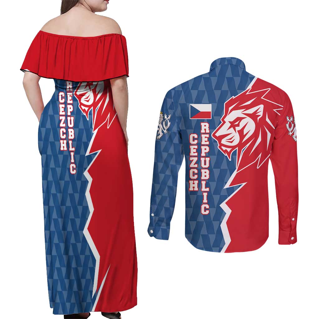 Czech Republic Couples Matching Off Shoulder Maxi Dress and Long Sleeve Button Shirt with Red Blue Modern Lion Design and Geometric Flag - Wonder Print Shop