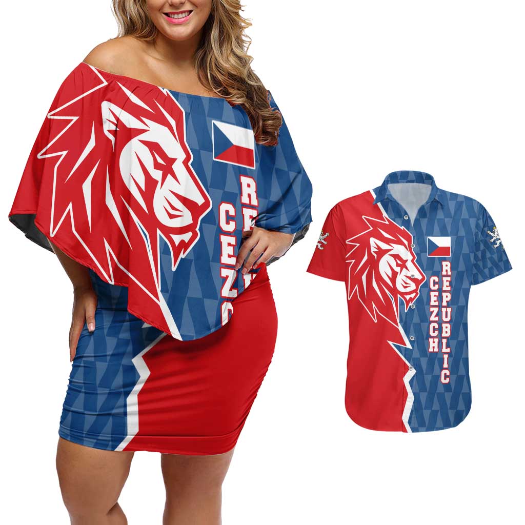 Czech Republic Couples Matching Off Shoulder Short Dress and Hawaiian Shirt with Red Blue Modern Lion Design and Geometric Flag - Wonder Print Shop