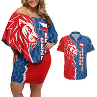 Czech Republic Couples Matching Off Shoulder Short Dress and Hawaiian Shirt with Red Blue Modern Lion Design and Geometric Flag - Wonder Print Shop