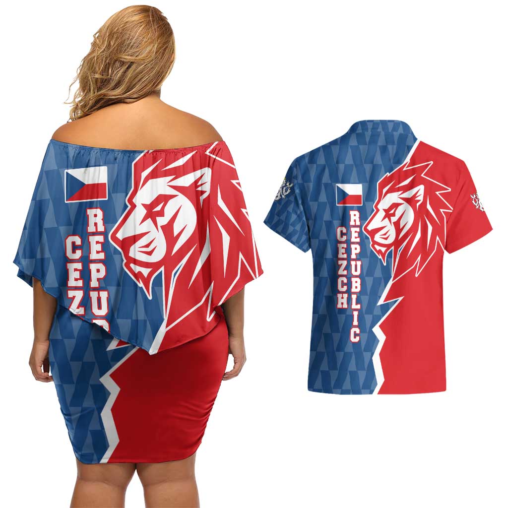 Czech Republic Couples Matching Off Shoulder Short Dress and Hawaiian Shirt with Red Blue Modern Lion Design and Geometric Flag - Wonder Print Shop