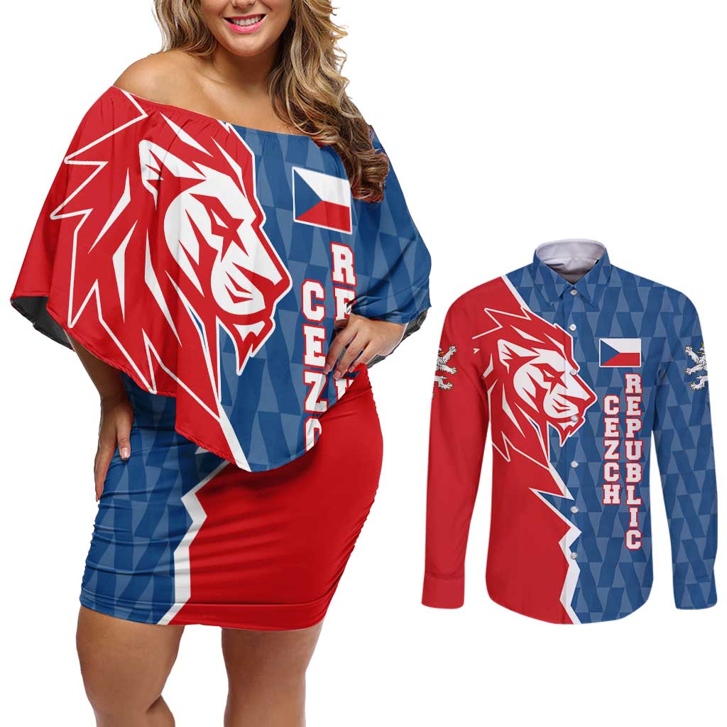 Czech Republic Couples Matching Off Shoulder Short Dress and Long Sleeve Button Shirt with Red Blue Modern Lion Design and Geometric Flag - Wonder Print Shop