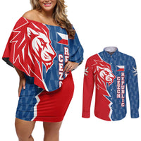 Czech Republic Couples Matching Off Shoulder Short Dress and Long Sleeve Button Shirt with Red Blue Modern Lion Design and Geometric Flag - Wonder Print Shop