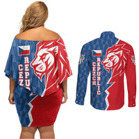Czech Republic Couples Matching Off Shoulder Short Dress and Long Sleeve Button Shirt with Red Blue Modern Lion Design and Geometric Flag - Wonder Print Shop
