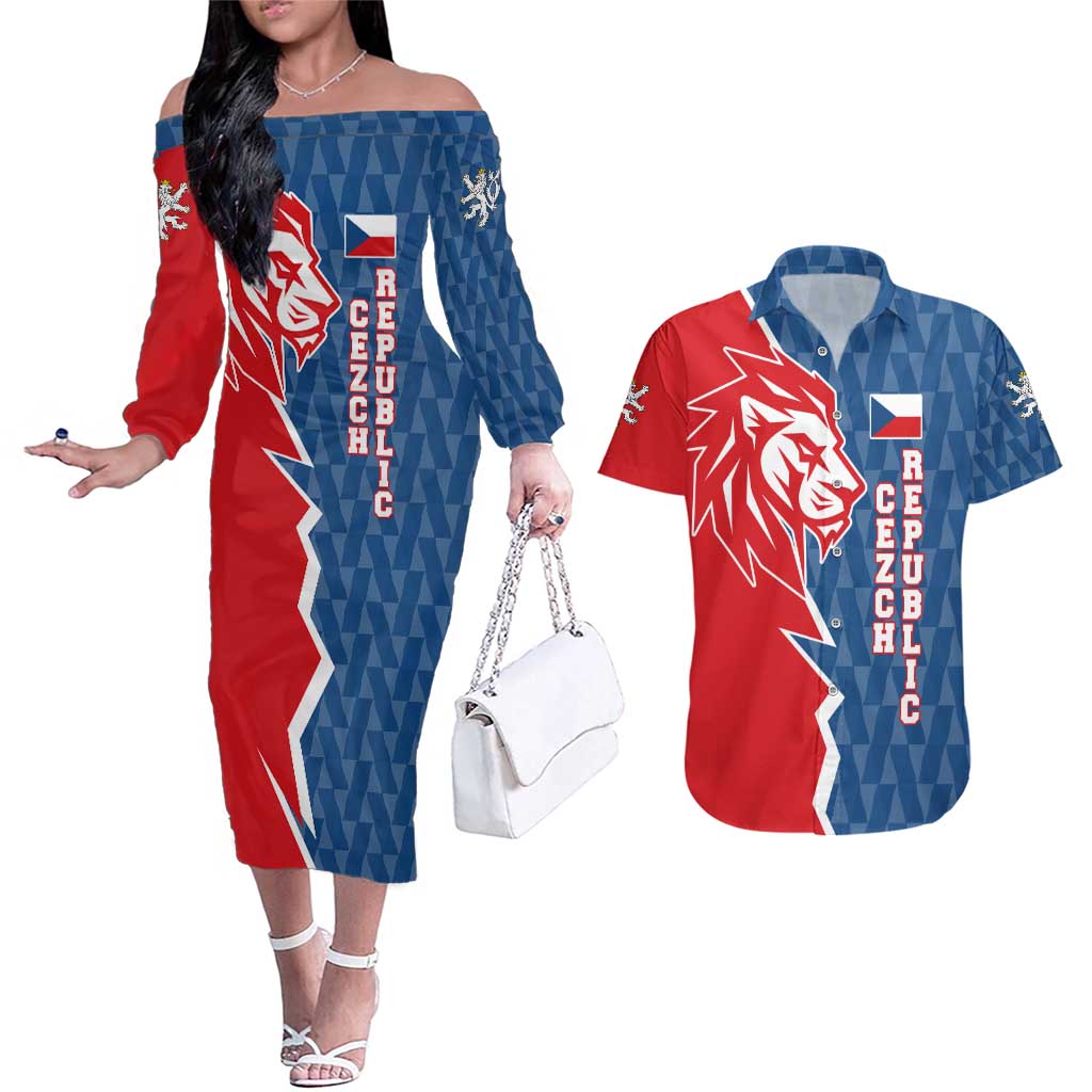 Czech Republic Couples Matching Off The Shoulder Long Sleeve Dress and Hawaiian Shirt with Red Blue Modern Lion Design and Geometric Flag - Wonder Print Shop