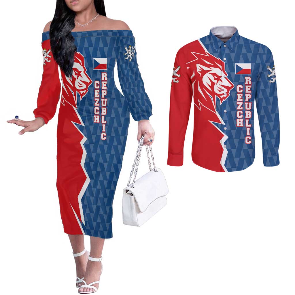 Czech Republic Couples Matching Off The Shoulder Long Sleeve Dress and Long Sleeve Button Shirt with Red Blue Modern Lion Design and Geometric Flag - Wonder Print Shop
