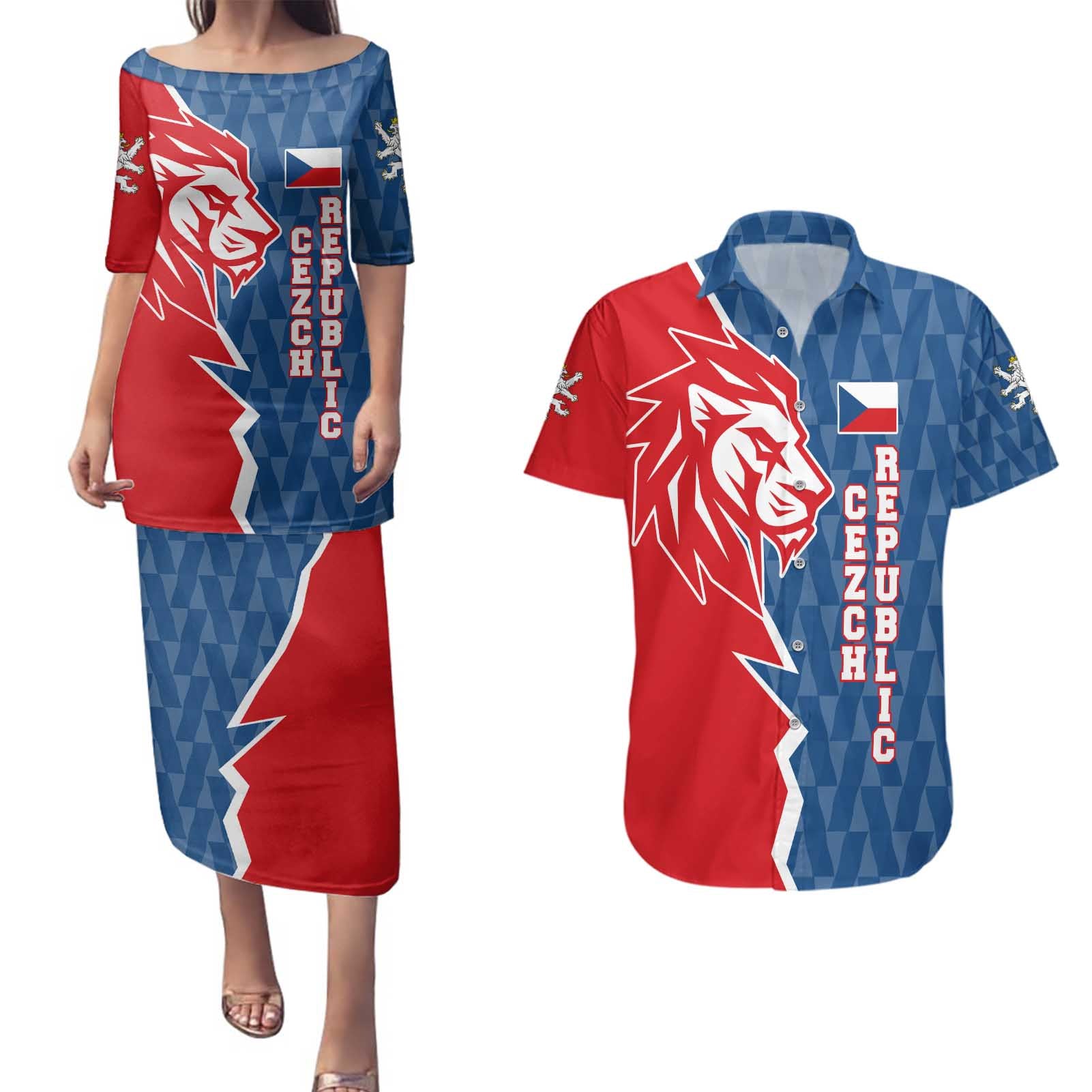 Czech Republic Couples Matching Puletasi and Hawaiian Shirt with Red Blue Modern Lion Design and Geometric Flag - Wonder Print Shop