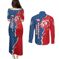 Czech Republic Couples Matching Puletasi and Long Sleeve Button Shirt with Red Blue Modern Lion Design and Geometric Flag - Wonder Print Shop