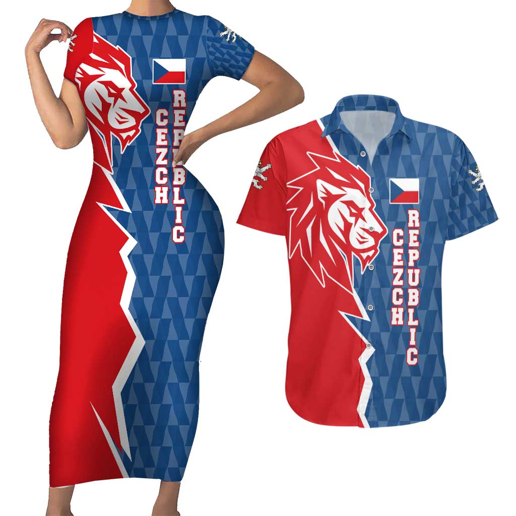 Czech Republic Couples Matching Short Sleeve Bodycon Dress and Hawaiian Shirt with Red Blue Modern Lion Design and Geometric Flag - Wonder Print Shop