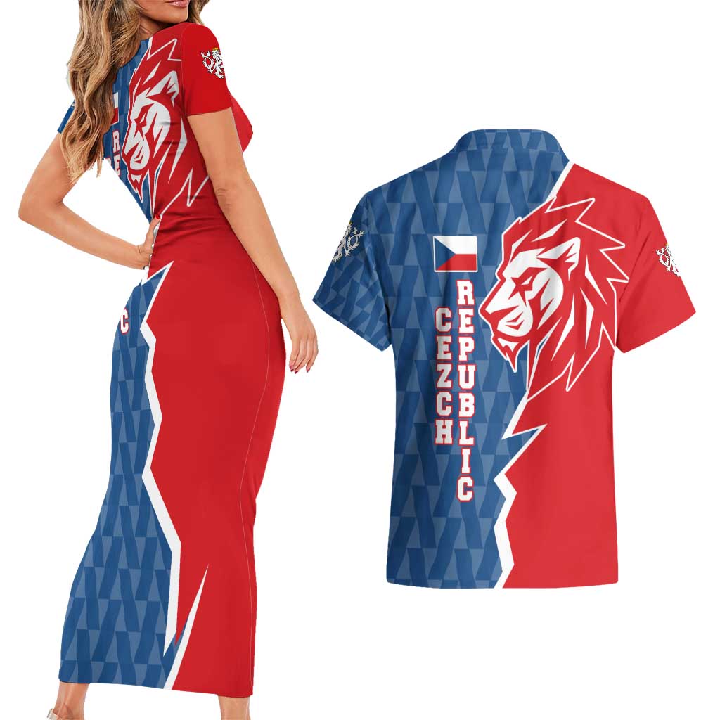 Czech Republic Couples Matching Short Sleeve Bodycon Dress and Hawaiian Shirt with Red Blue Modern Lion Design and Geometric Flag - Wonder Print Shop