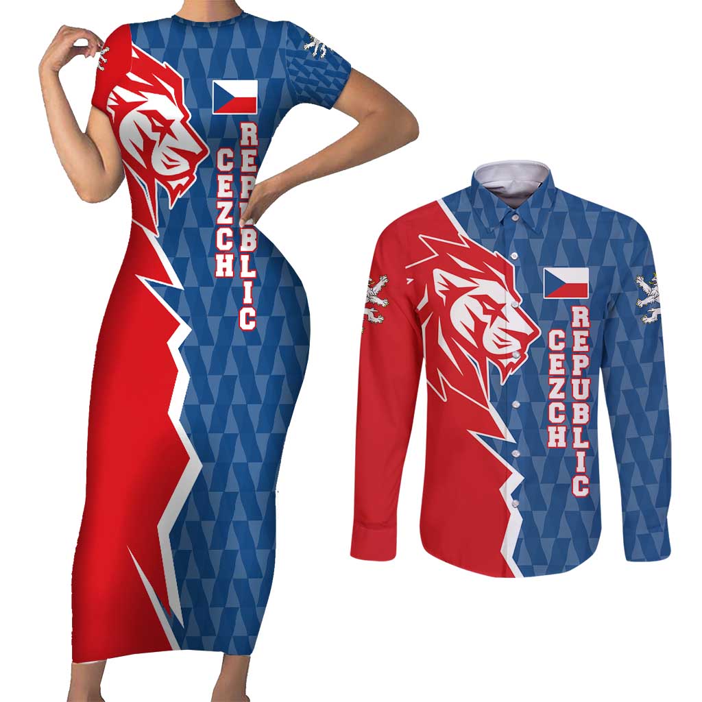 Czech Republic Couples Matching Short Sleeve Bodycon Dress and Long Sleeve Button Shirt with Red Blue Modern Lion Design and Geometric Flag - Wonder Print Shop