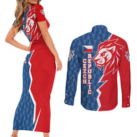 Czech Republic Couples Matching Short Sleeve Bodycon Dress and Long Sleeve Button Shirt with Red Blue Modern Lion Design and Geometric Flag - Wonder Print Shop