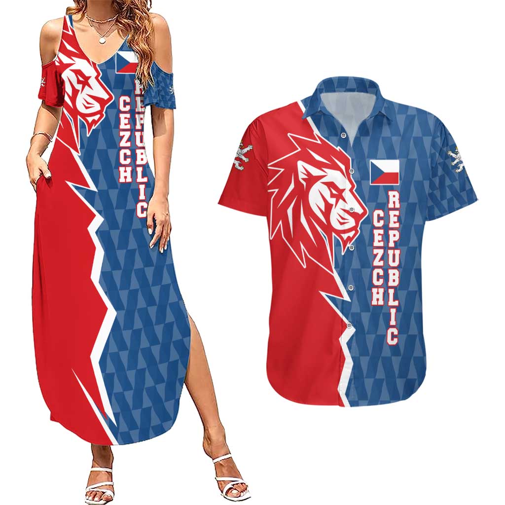 Czech Republic Couples Matching Summer Maxi Dress and Hawaiian Shirt with Red Blue Modern Lion Design and Geometric Flag - Wonder Print Shop