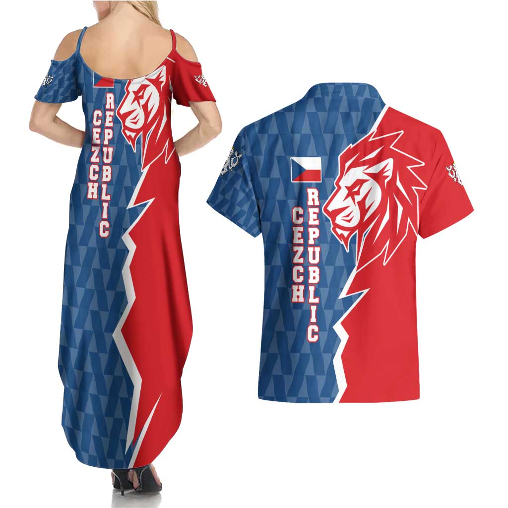 Czech Republic Couples Matching Summer Maxi Dress and Hawaiian Shirt with Red Blue Modern Lion Design and Geometric Flag - Wonder Print Shop