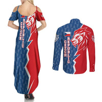 Czech Republic Couples Matching Summer Maxi Dress and Long Sleeve Button Shirt with Red Blue Modern Lion Design and Geometric Flag - Wonder Print Shop