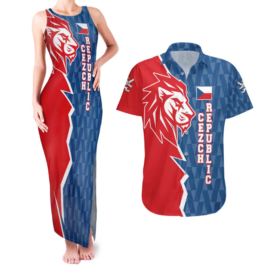 Czech Republic Couples Matching Tank Maxi Dress and Hawaiian Shirt with Red Blue Modern Lion Design and Geometric Flag - Wonder Print Shop
