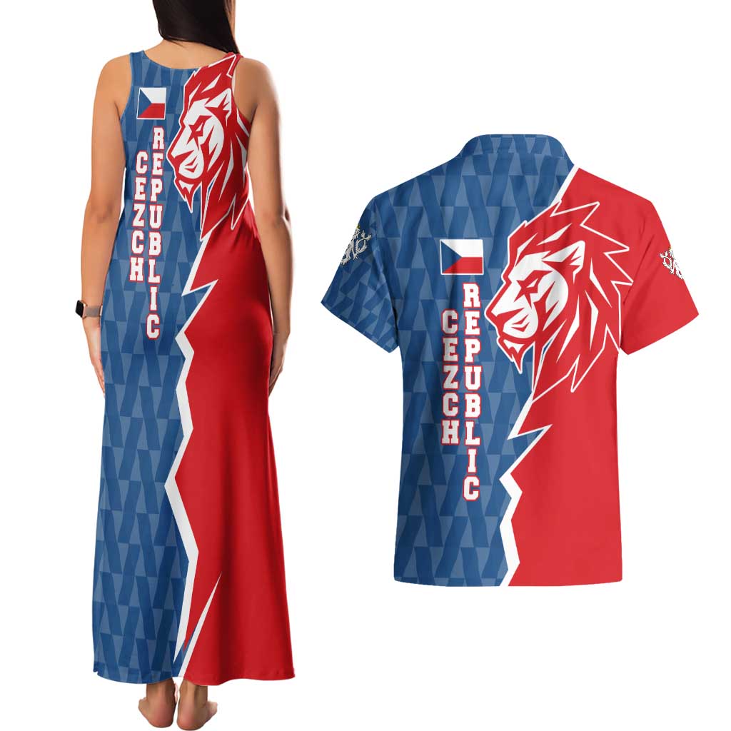 Czech Republic Couples Matching Tank Maxi Dress and Hawaiian Shirt with Red Blue Modern Lion Design and Geometric Flag - Wonder Print Shop