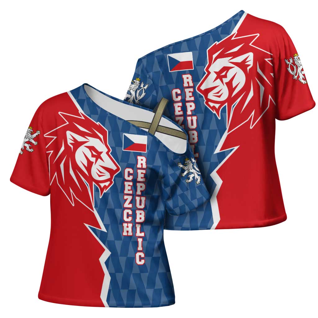 Czech Republic Cross Shoulder Shirt with Red Blue Modern Lion Design and Geometric Flag - Wonder Print Shop