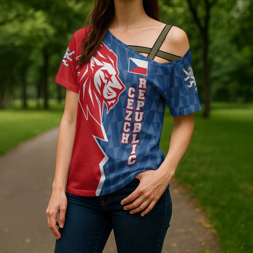 Czech Republic Cross Shoulder Shirt with Red Blue Modern Lion Design and Geometric Flag - Wonder Print Shop