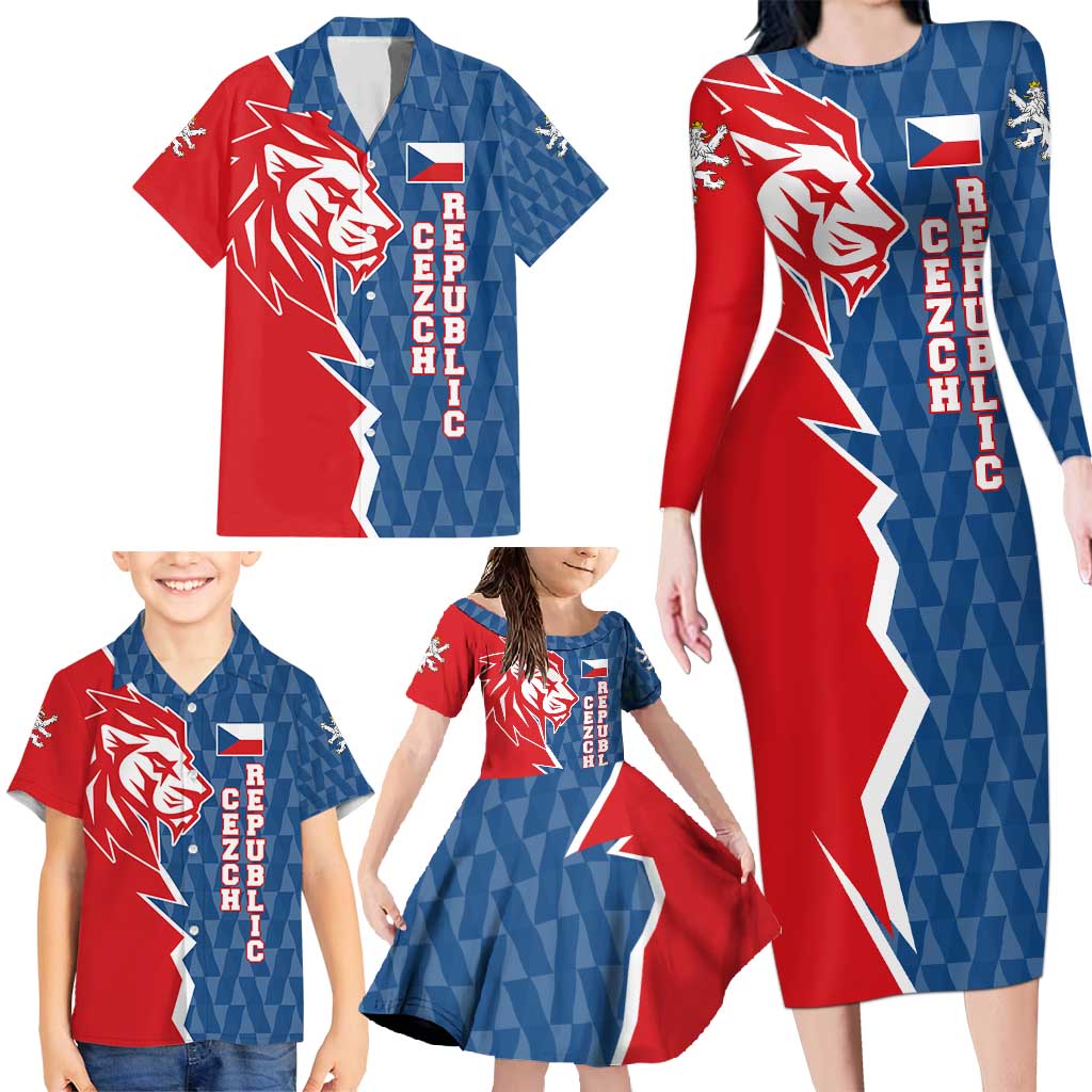 Czech Republic Family Matching Long Sleeve Bodycon Dress and Hawaiian Shirt with Red Blue Modern Lion Design and Geometric Flag - Wonder Print Shop